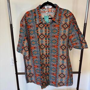 Vatpave Orange and Blue Casual Button Down Shirt Arizona Aztec Design XXL